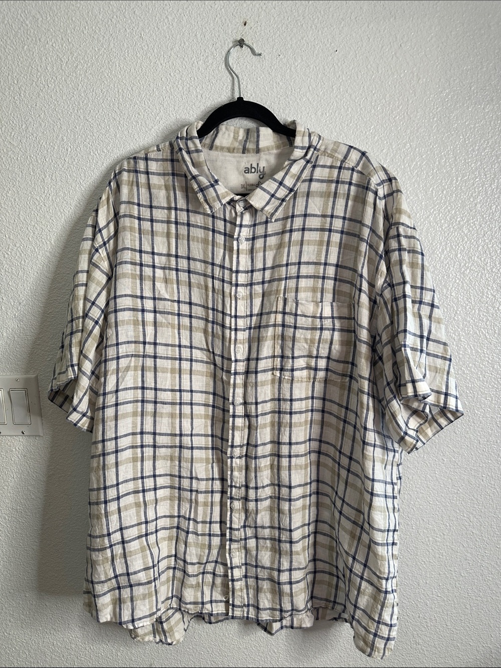 ably Men's Cream Plaid Short-Sleeve Button-Up linen Shirt s size 3xL